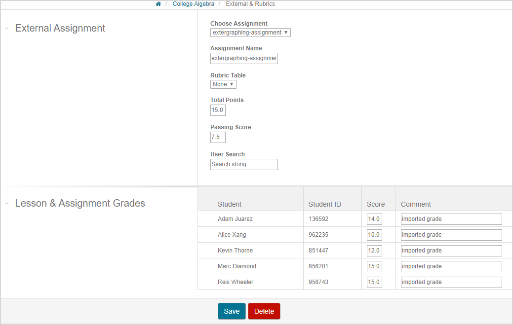 The External Assignment pane and the Lesson and Assignment Grades table are filled in.